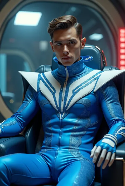 Full body image of a handsome 18-year-old man dressed in a blue and white alien commanders sacksuit with a layer of blue glitter in the style of Mars Atack sitting in an alien ship chair 