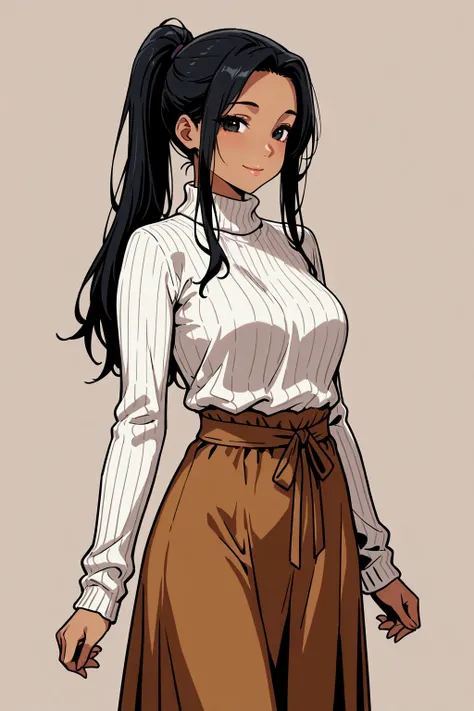 1girl, general, solo, long hair, ponytail, black hair, black eyes, lips, smile, white sweater, ribbed sweater, brown long dress, layerd clothes, tan, masterpiece, best quality, amazing quality, very aesthetic, absurdres, newest