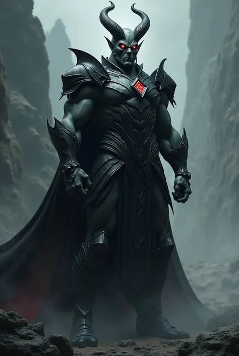 Tall, muscular man with greyish skin,  wearing black armor , with horns on his helmet and red eyes  