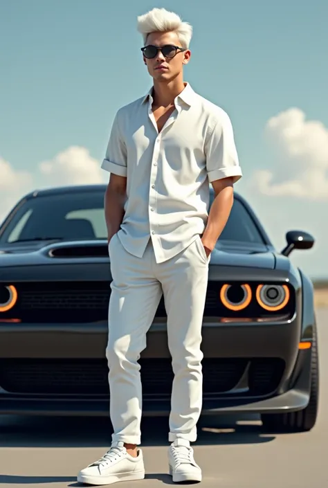 Create a realistic 20 year-old beautiful young boy setting  in front of a dodge Challenger . The character should have white  and white pant, with.sneakers shoes, with glasses, the username "JR" and modify it