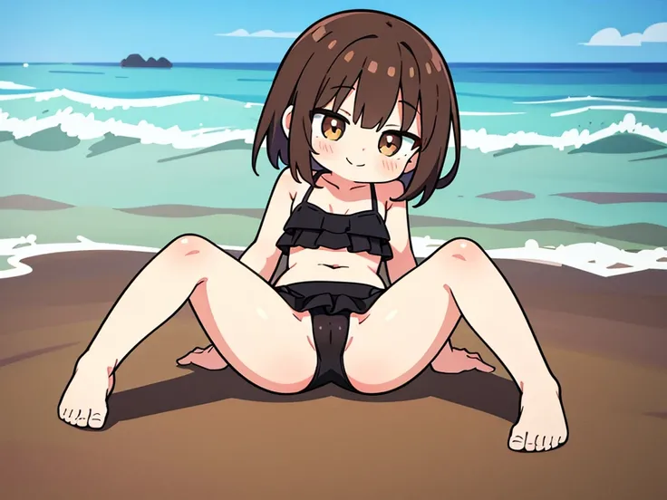 High resolution 1 girl in black bikini, brown hair, barefoot, smiling, sitting on the floor, perfect body, spreading her legs on the beach, cute, spread her legs straight in front of you