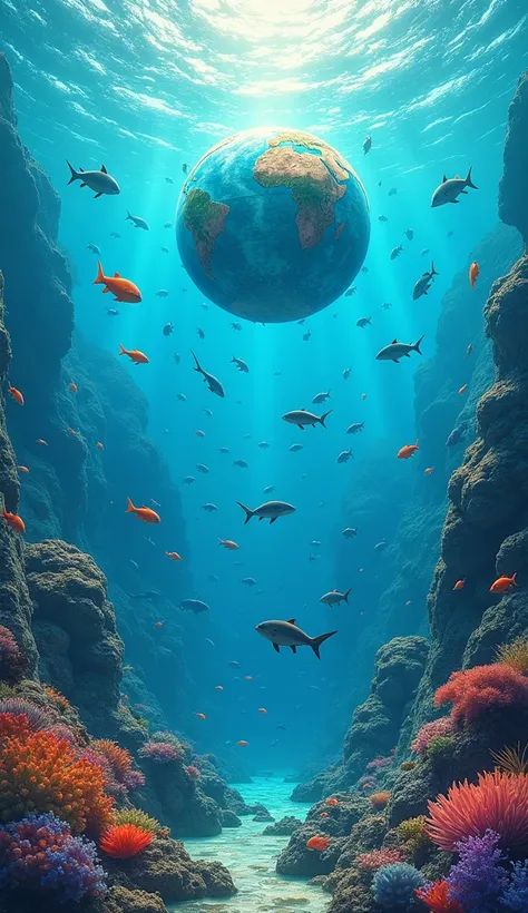  an ocean landscape with lots of colorful fish and sharks around,In the middle there is a world in ANGGI formation seen above 