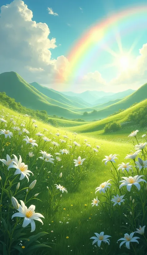 A lush green meadow scattered with white lilies, with a delicate rainbow in the background, representing God’s promises.”
	9.	“