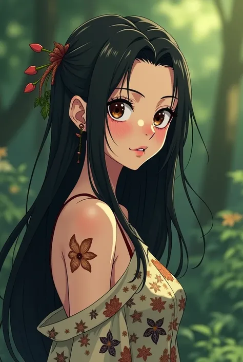 woman,  with long black hair , seeds, In which you control plants ,  wearing a dress with some designed flowers,  face with some indigenous features , slightly tanned skin,  with a seductive and mysterious look ,  jujutsu kaisen style ,  anime style 