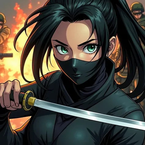 An ,  in the Modern American Comics style , a 21 year old girl, Japanese, wearing black ninja clothes , Mascara e Katana ,  with long straight black hair ,  the eyes of different colors left green and the right eye blue,  on top of a building with special ...