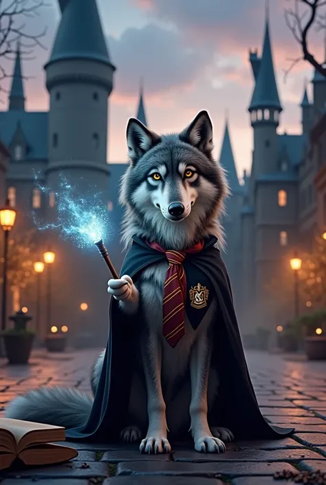 An extremely cute and realistic wolf ,  with a thick coat in shades of gray and white ,  displaying an expression at the same time docile and mysterious .  He wears a black wizard cape with the Hogwarts coat of arms embroidered on the chest in gold ,  a st...