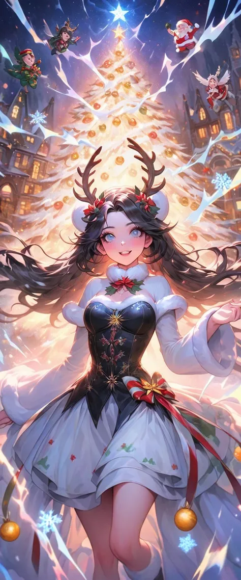 Christmas Girl , Front view, winter, Christmas tree, Style by Alice Rahon + Anne Stokes +Callie Fink + Chinese-Baptist Monch ,Thomas Kinkade,Watercolor Painting,bright, beautiful in winter, splash,illuminated , Cute and lovely, Exquisite Pattern , flower, ...