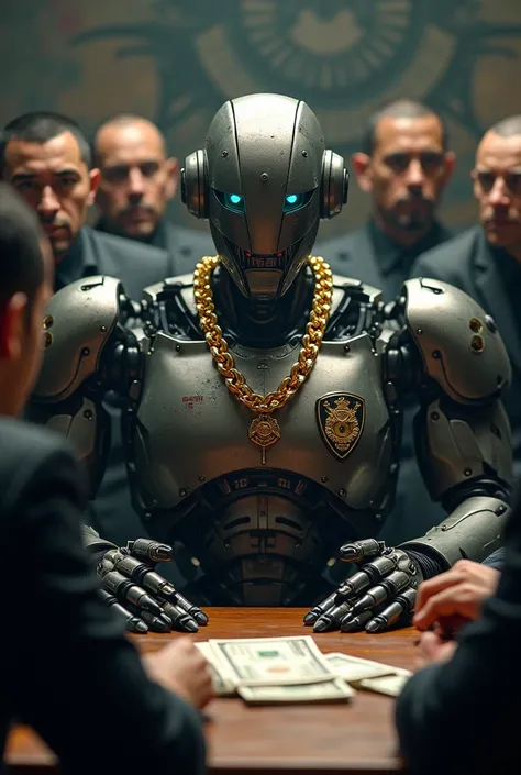 American police robot leading Mexican tatoed Gangs The robot has usa police mark on the chest sitting in front of the table with money hustling golden chain on his neck gangsters with suits and guns around him 