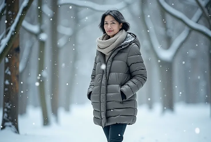   Beautiful beautiful woman in her 50s wearing a high-quality neck polar and down jacket in a winter forest.   casual pants with bangs back  .   Realistic beauty in her 50s wearing a down jacket  .   Beautiful beautiful woman in her 50s wearing a down jack...