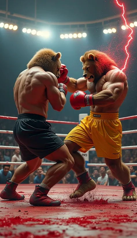 A bodybuilder white male lion wearing yellow boxing short and brown bodybuilder male bear wearing black boxing short standing in boxing ring.lion give bloody  back foot kick  from air on  bears chest  and then horribly blood bleeding and blood clots on  be...