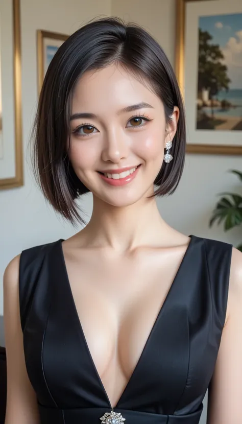 8k,ultra high resolution,Best Quality, masterpiece,rule of thirds,golden ratio,photograph, 1 Girl,One Woman,(Girl:1.3),cute,beautiful eyes,Details,masterpiece,Girl:1.2, Japanese women,Young Wife,extream close up,smile,Black hair,bob cut,ID photo,future,Bru...