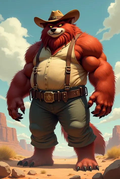 Male, big, coyote, snake, furry man, extremely obese, wears cowboy hat, cowboy pants, button up shirt that is popped, suspenders, dusty red fur, dark red beard, semi realistic artstyle, paws out, in dessert, smug, strong arms, tall, yellow eyes, rounder th...