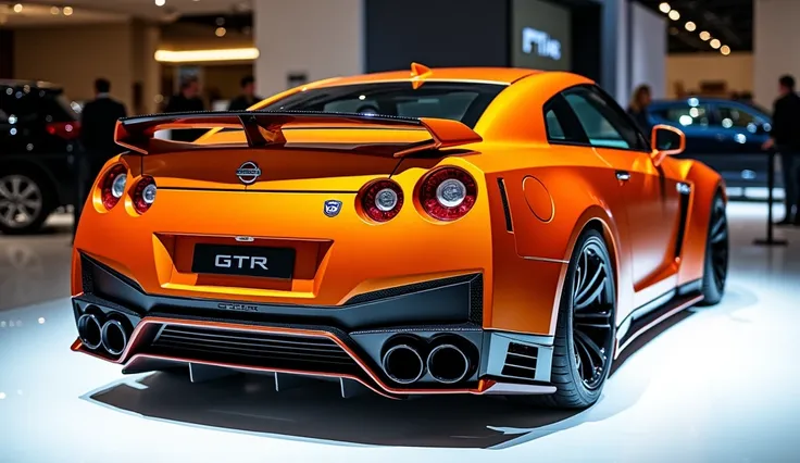 The full only back view of painted with galemy diamond orange 2025 nissan gt-r r35 in large shape hatchback in large size with  logo Nissan its large detailed grille in shiny white colour with angular sporty design captured from full front view with modifi...