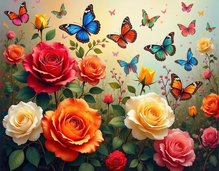 Collage, Many red roses, yellow roses, WHITE ROSES, a lot of multicolored butterflies,  bright colors 