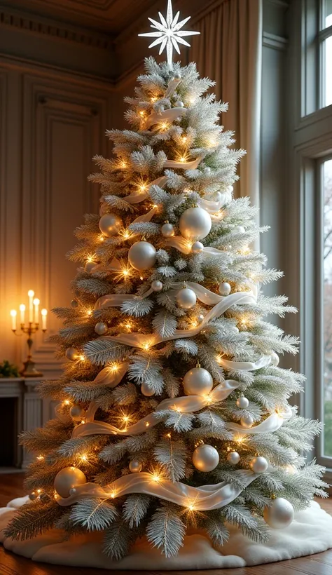 Christmas tree decorated in white gold and silver 
