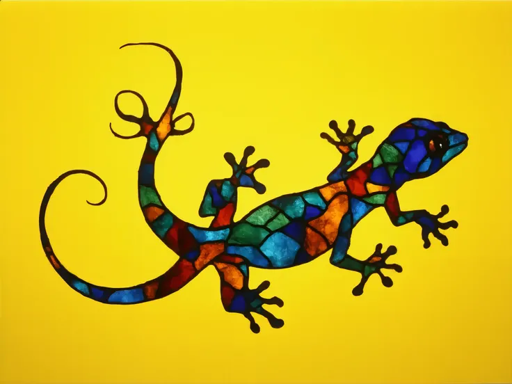 gecko,siletsilhouette,colorful art,high quality,yellow background,stained glass art,charater