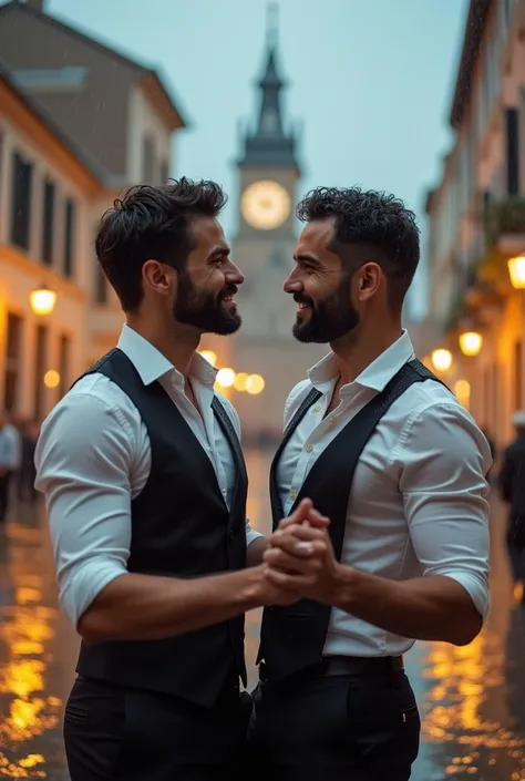  Two gay men in dress dancing in the rain , in the background a square with a church with a clock tower . O homem do lado direito é muito alto e beautiful, short black beard and black hair . The man on the left is shorter , beautiful, the two look at each ...