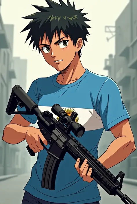 The model wears an Argentinian t-shirt and an xm8
And it has to be the character Tatsuya from Fire Fire. 
Let it be less realistic but that it is the character of Fire Fire 