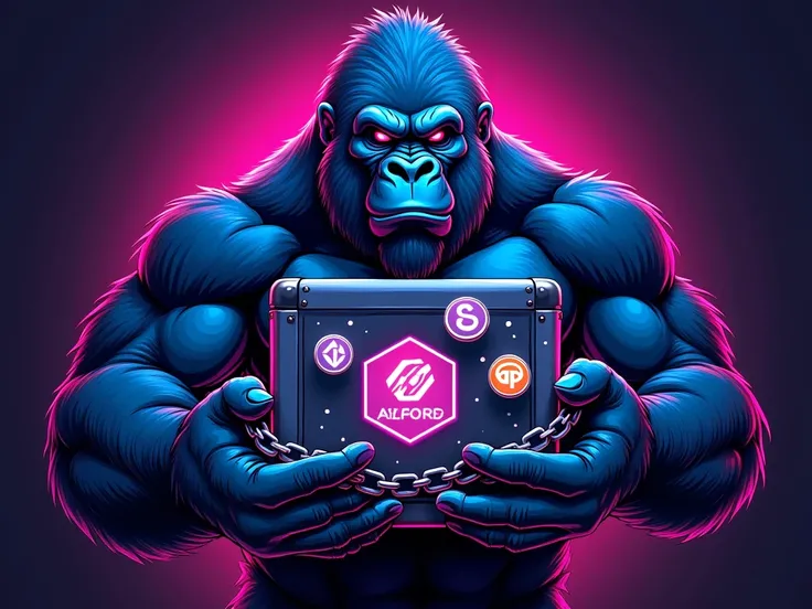 digital illustration of a muscular gorilla hand holding a metal box with a gorilla hand logo with a chain around it. the illustration has a striking neon blue and pink color scheme, with neon lighting that highlights the muscles and the texture of the fur....