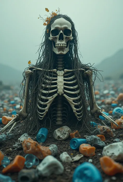 make,film poster depicting a human skeleton covered in plastic waste pollution caused by plastic waste pollution
