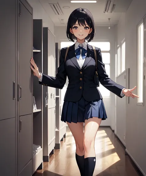 (Front view), masterpiece, best quality, 1girl, short hair, black hair, bangs, black eyes, bright smile, looking at viewer, (school uniform:1.3), (navy blue blazer with white trim and school crest on the chest), (white shirt with a black tie), (navy pleate...