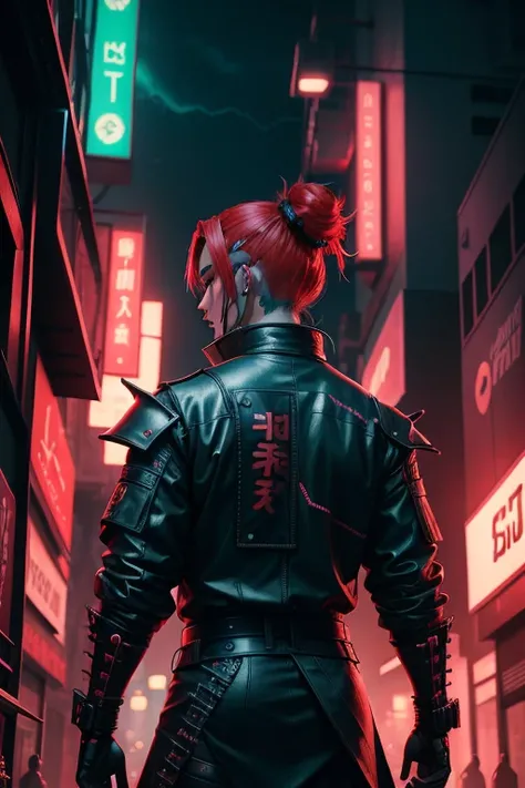 cyber punk digital art of a neon lit city with a samurai figure highlighting the contrast between traditional and futuristic 4k highly detailed digital art, 8k stunning artwork, red hair