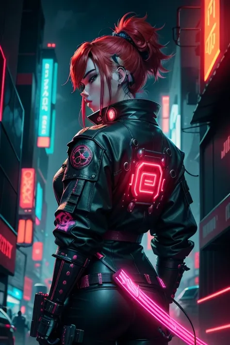 cyber punk digital art of a neon lit city with a samurai figure highlighting the contrast between traditional and futuristic 4k highly detailed digital art, 8k stunning artwork, red hair