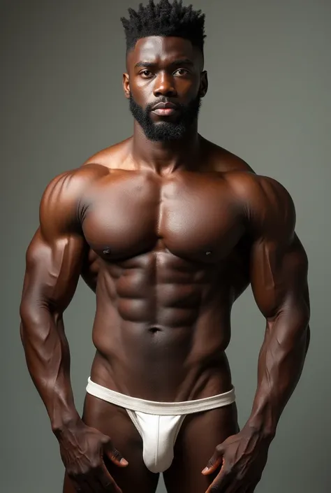 Dark black man, Black Power short hair , light brown eyes, muscular, whole body. small panties.  Natural body without anabolics 