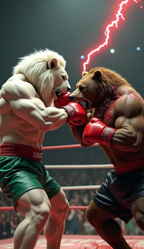 A bodybuilder white  male lion wearing green boxing short and brown bodybuilder male bear wearing black boxing short standing in boxing ring.lion give bloody  back punch with   on   bears chest  and then horribly blood bleeding and blood clots on  bears ch...