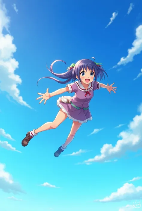 Format: Anime costume 
Tinasha from Unnamed Memory ,  flies in the blue sky showing a radiant smile under the sunlight , wearing his usual .