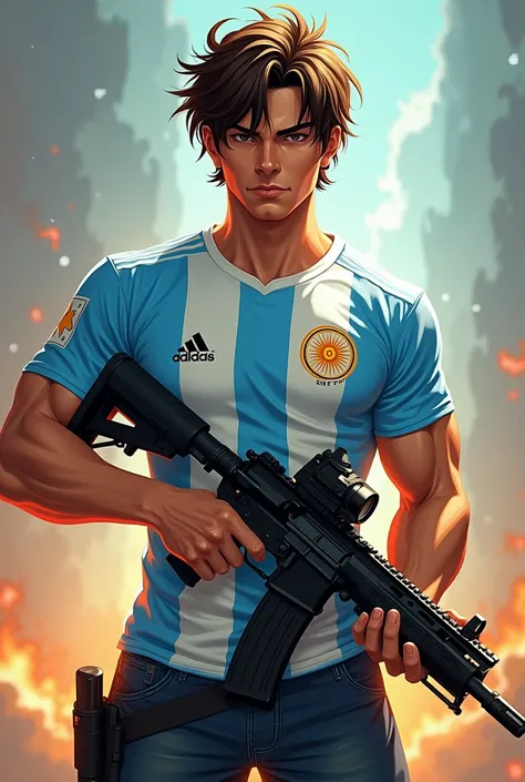 The model wears an Argentinian t-shirt and an xm8
And it has to be the character Tatsuya from Fire Fire. 
Whatever it is less realistic, but that it is the character of Fire Fire, it has to be Tatsuya from Fire, who is not from anime, who has brown hair an...