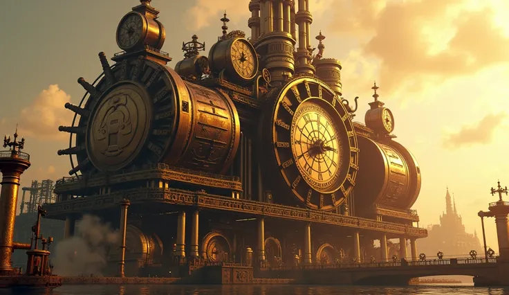 Maximum quality masterpiece, 4k resolution, (best quality, 4k, 8k, high resolution, masterpiece:1.2), super detail, (realistic, photorealistic, photorealistic:1.37), HDR A colossal steampunk machine, towering with intricate brass gears, rotating clockwork,...