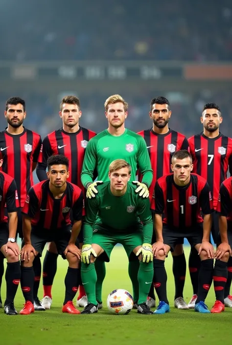  11 soccer players wearing red and black striped uniforms .  Number 1 is the goalkeeper and he is wearing a green uniform with goalkeeper gloves.  The following players will be numbered 2 to 10 , The number 7 ,  is blond and will be next to the number 10 w...