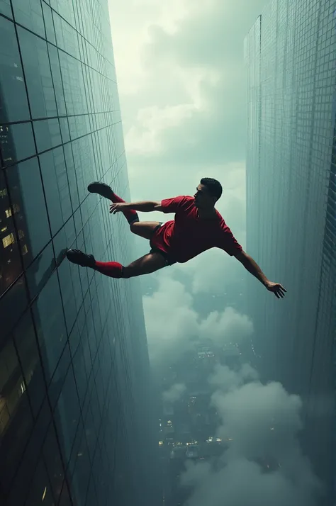 Make me an image of Cristiano Ronaldo falling from a building 