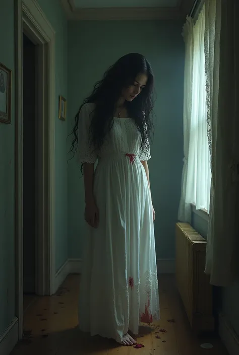 A long black-haired woman wearing a white dress stained with stain stands in her aunt