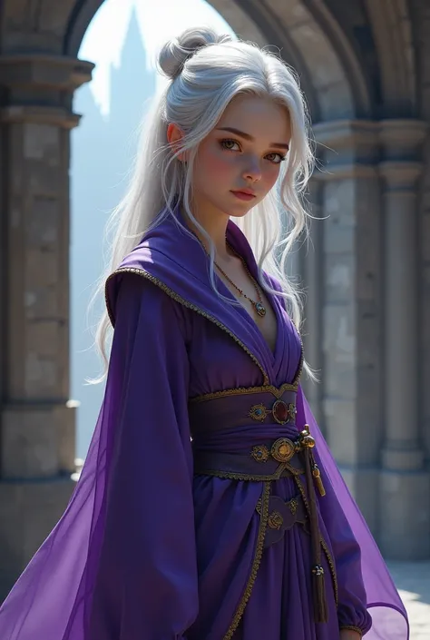 realistic, best quality, masterpiece, detailed, perfect face, fantasy, medieval, girl, young, adolescent, teenager, fair skin, silver hair, short hair, medieval hairstyle for short hair, amber eyes, sorceress, sorceress robes, purple robes, long sleeved ro...