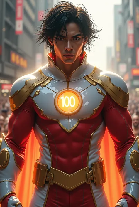 Create a superhero he is called Ultra Sauen he has big hair with bangs his clothes are white with red with gold details he has super strength speed resistance agility reflexes good vision he has a symbol of the number 100 on his chest 