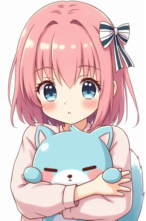 Image of a sweet ****ta manga girl with straight pink hair decorated with a ribbon holding a sky blue squirrel plush toy in her arms 