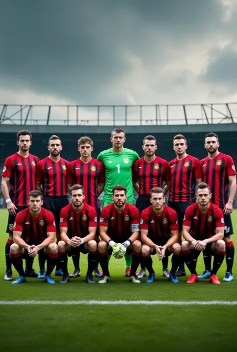  11 soccer players wearing red and black striped uniforms .  Number 1 is the goalkeeper and he is wearing a green uniform with goalkeeper gloves. Theyre all men and theyre all looking at the camera.