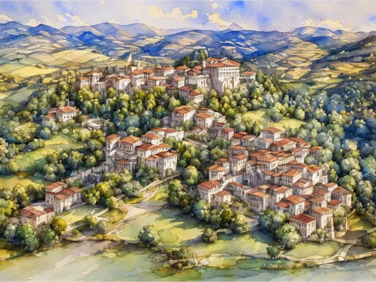 ((Hand-painted watercolor)),  masterpiece , (( absurd resolution)),  detailed watercolor style ,  realistic and delicate texture , ( Extremely detailed 8k unit CG wallpaper),  San Galgano Abbey in Tuscany , Italy, ((aerial view)),  homeless like the origin...