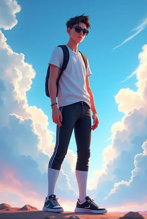 Create a 3D illustration featuring a realistic 20 year-old beautiful young boy in front of a Sky  . The character should have black   and white pant, with.sneakers shoes, with sunglasses, and modify it