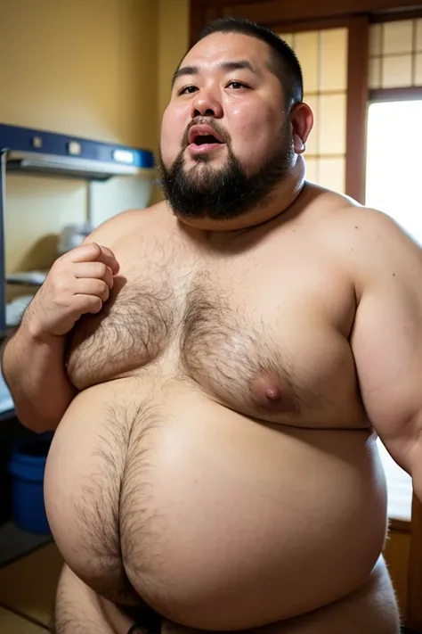 fat、Height: 168cm、Weight 110kg、50s、Japanese man、naked、Body shape like a pro wrestler、 and my stomach is full、My chest plate is thick 、 skinhead、round face、Being strangled by another fat man