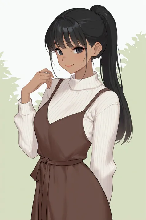 1girl, general, solo, upper body, long hair, ponytail, bangs, black hair, black eyes, lips, smile, white sweater, ribbed sweater, brown long dress, layerd clothes, tan, masterpiece, best quality, amazing quality, very aesthetic, absurdres, newest