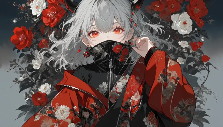  1 girl, Alone, smile, looking at viewer, bangs,  red eyes,  Long Sleeve ,  hair between eyes, gem,  jacket,  upper body, flower, Gray Hair,  Cowboy Shot ,  earrings, horn,  medium hair ,  off shoulder , black  jacket,  floral print , White Flower, Red Flo...