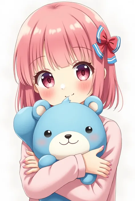 Image of a sweet ****ta manga girl with straight pink hair decorated with a ribbon holding a sky blue squirrel plush toy in her arms 