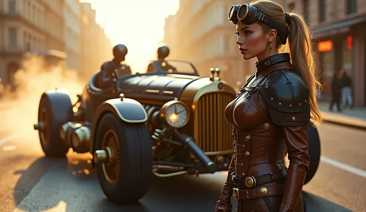 Maximum quality masterpiece, 4k resolution, (best quality, 4k, 8k, high resolution, masterpiece:1.2), super detail, (realistic, photorealistic, photorealistic:1.37), HDR  A 20-year-old European woman exudes allure in a steampunk-style protective outfit, co...