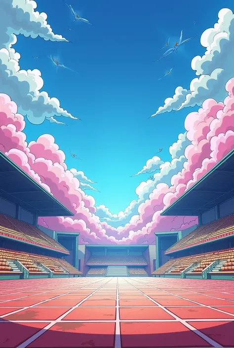 Create a background inspired by the Dragon Ball Z Other World Martial Arts Tournament arena, using references commonly found online. The scene should capture the interior of the tournament stage, including the iconic tiled fighting platform, vibrant clouds...