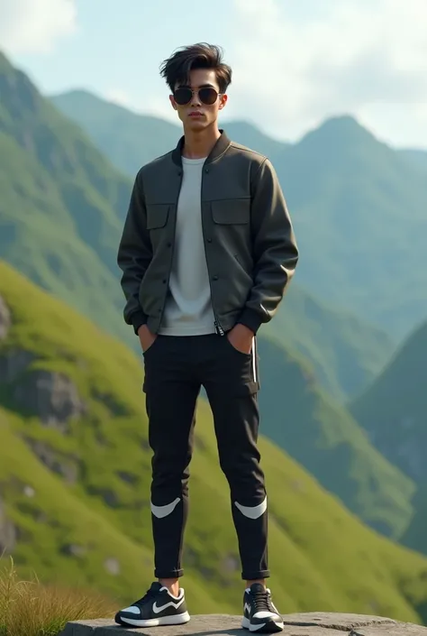 Create a realistic 20 year-old beautiful young boy  setting front of a hill  . The character should have black  and white pant, with.sneakers shoes, with sunglasses, and modify it