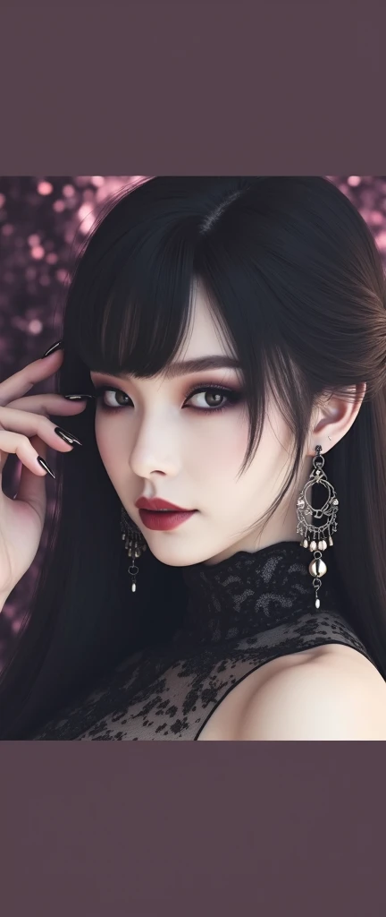 40-year-old female vampire，Skin density, dark， Mystery，thousand，The best proportion of five fingers,arm，law，foot，Long black silk gloves, Long black transparent gloves, Long black transparent gloves,Chinese Face, Hot and cold, Eyes,  fierce gaze ，190 cm， in...