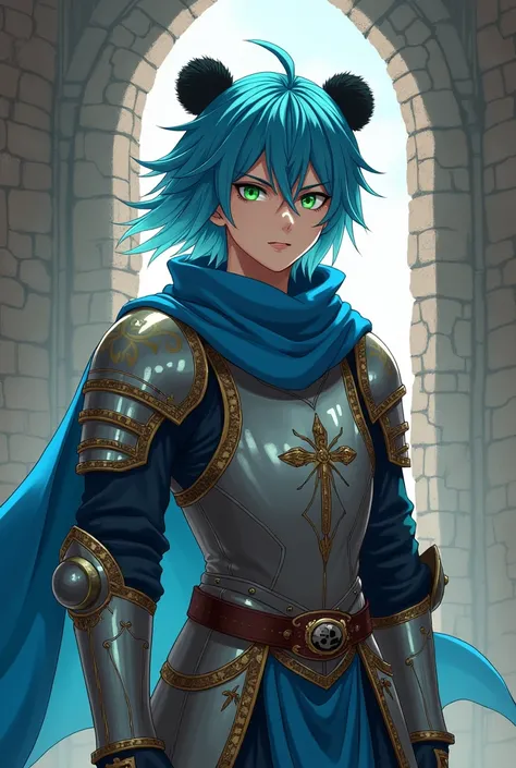  anime style , green eyes, blue hair, panda ears, man, medieval armor with a blue scarf